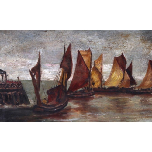 178 - 19th century school - Fishing Boats Setting Off - oil on canvas, framed, 28 by 14cms.