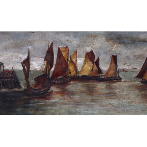 178 - 19th century school - Fishing Boats Setting Off - oil on canvas, framed, 28 by 14cms.