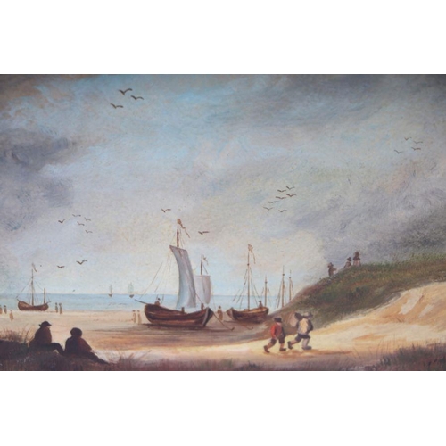 185 - Coastal Scene with Figures on a Beach Unloading Boats - oil on copper, unframed, 22 by 15cms.