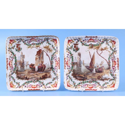 243 - A pair of Lille faience square form hand painted dishes, decorated with fishing boats and armorial t... 