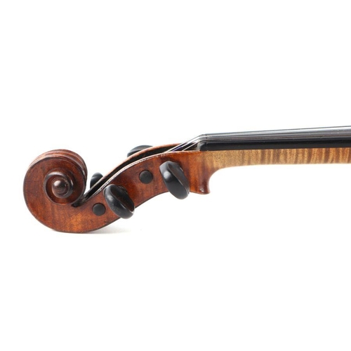 289 - A late 19th century German two piece back violin and bow, cased. 60cm long