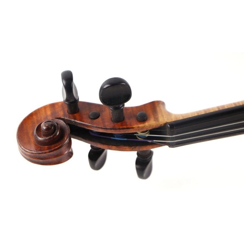 289 - A late 19th century German two piece back violin and bow, cased. 60cm long