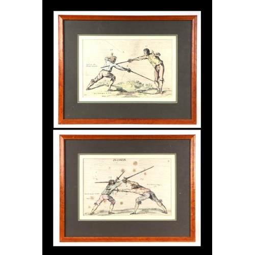 297 - Fencing interest:  a pair of 19th century hand coloured engravings depicting fencing moves, both fra... 