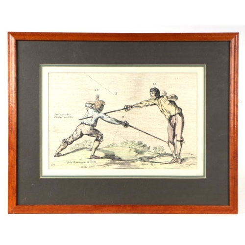 297 - Fencing interest:  a pair of 19th century hand coloured engravings depicting fencing moves, both fra... 