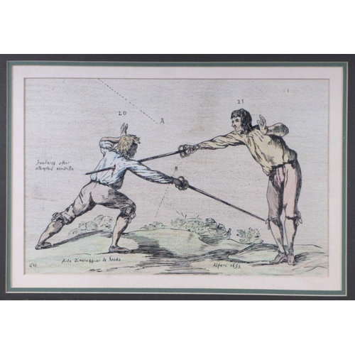 297 - Fencing interest:  a pair of 19th century hand coloured engravings depicting fencing moves, both fra... 