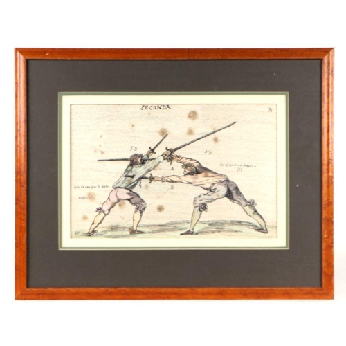 297 - Fencing interest:  a pair of 19th century hand coloured engravings depicting fencing moves, both fra... 