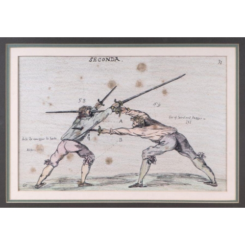 297 - Fencing interest:  a pair of 19th century hand coloured engravings depicting fencing moves, both fra... 