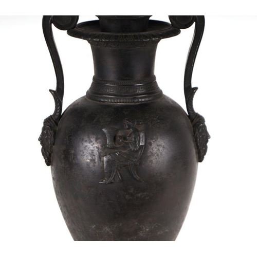 327 - A bronze two-handled vase lamp of classical form, 59cms high.