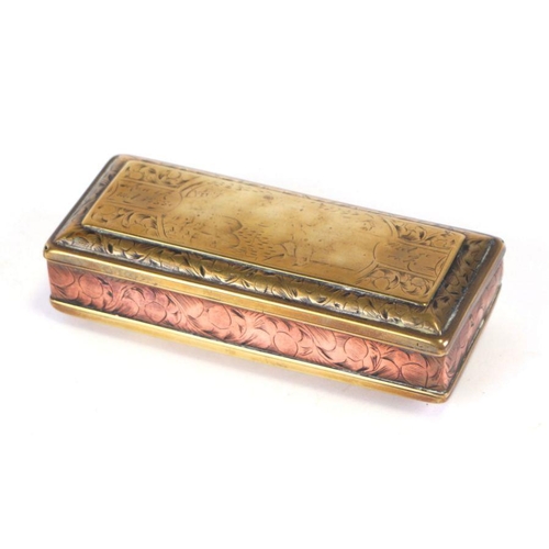 359 - An 18th century Dutch brass and copper tobacco box of rectangular form with engraved decoration, 13c... 