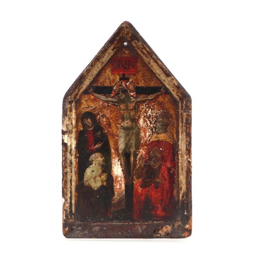 366 - A painted wooden icon depicting the crucifixion of Christ, on a gilt ground, 18 by 29cms.