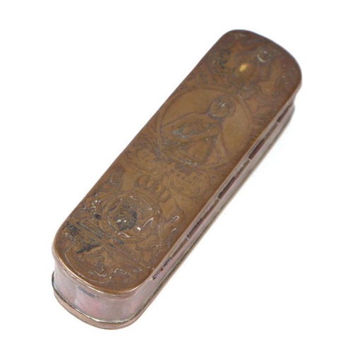 367 - An 18th century Dutch style brass and copper snuff box with portraits of George II and George III of... 