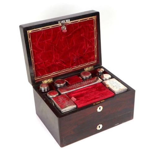 368 - A 19th century rosewood dressing box, the fitted interior with silver plated cosmetic jars and jewel... 