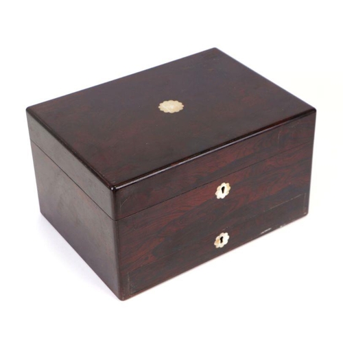 368 - A 19th century rosewood dressing box, the fitted interior with silver plated cosmetic jars and jewel... 