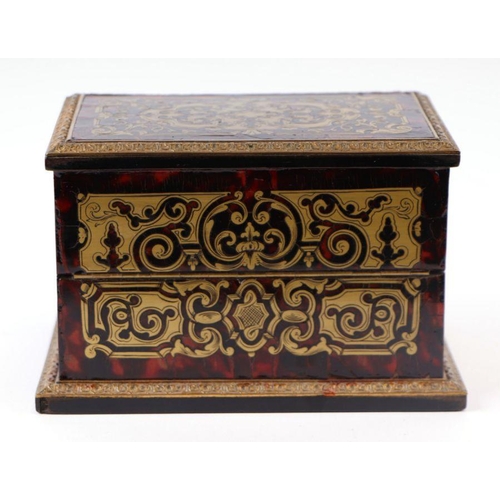 403 - A 19th century French Boulle work scent bottle box containing eight green glass scent bottles with g... 