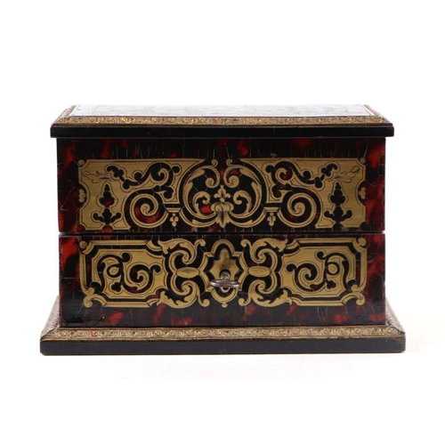 403 - A 19th century French Boulle work scent bottle box containing eight green glass scent bottles with g... 