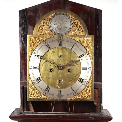 407 - A 19th century longcase clock, the arched brass dial with silvered chapter ring and Roman numerals, ... 