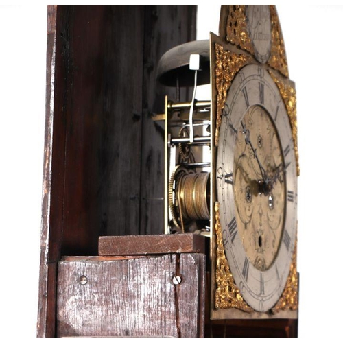 407 - A 19th century longcase clock, the arched brass dial with silvered chapter ring and Roman numerals, ... 