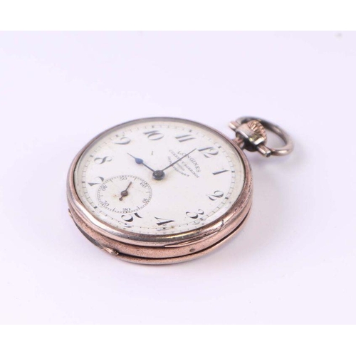 436 - A Longines silver cased open faced pocket watch with yellow metal overlay, the white enamel dial wit... 