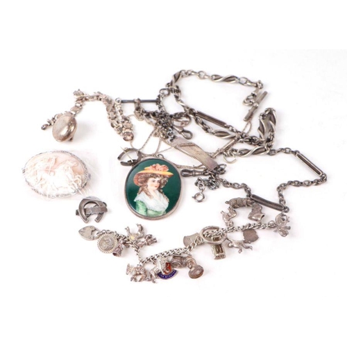 485 - A quantity of assorted silver jewellery to include Albert chains, charm bracelet, identity bracelet ... 