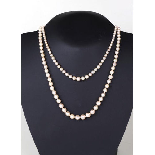 506 - A graduated pearl necklace, 50cms long; together with another similar, 36cms long (2).