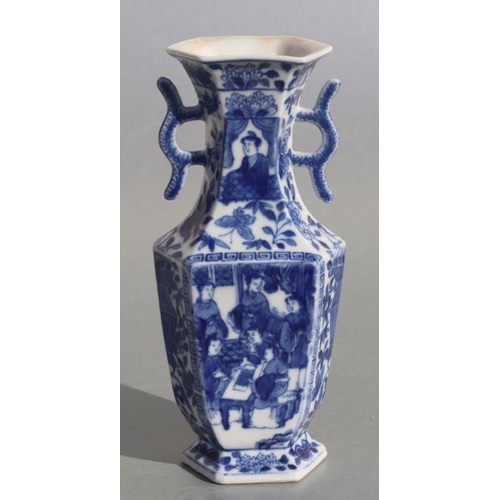 585 - A Chinese blue & white hexagon form two handled vase decorated with ladies on terraces, 23cms hi... 