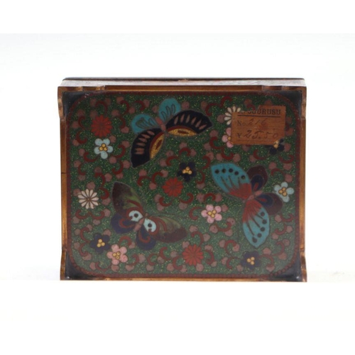 619 - A late 19th century Japanese cloisonné box and cover decorated with butterflies and flowers, on a bl... 