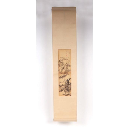 621 - Four Chinese scroll paintings depicting mountainous landscape scenes and calligraphy. each 13 by 49c... 