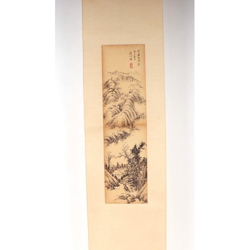 621 - Four Chinese scroll paintings depicting mountainous landscape scenes and calligraphy. each 13 by 49c... 