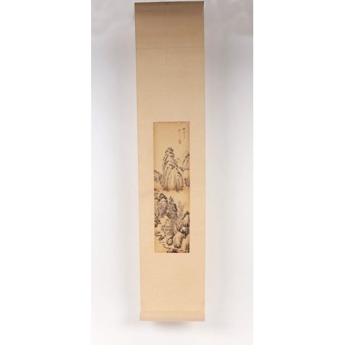 621 - Four Chinese scroll paintings depicting mountainous landscape scenes and calligraphy. each 13 by 49c... 