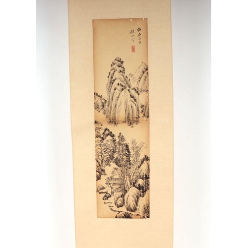 621 - Four Chinese scroll paintings depicting mountainous landscape scenes and calligraphy. each 13 by 49c... 