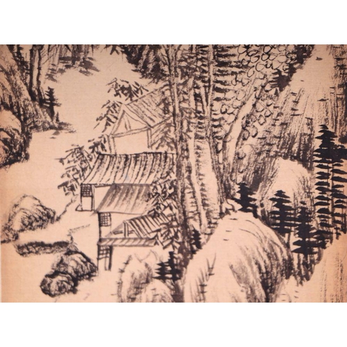 621 - Four Chinese scroll paintings depicting mountainous landscape scenes and calligraphy. each 13 by 49c... 