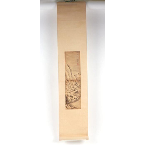 621 - Four Chinese scroll paintings depicting mountainous landscape scenes and calligraphy. each 13 by 49c... 