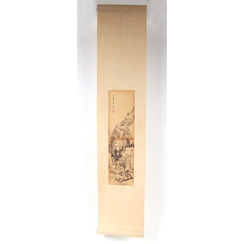 621 - Four Chinese scroll paintings depicting mountainous landscape scenes and calligraphy. each 13 by 49c... 