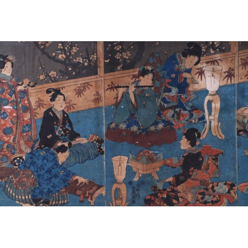 628 - A triptych of Japanese woodblock prints, each depicting figures within an interior, framed and glaze... 