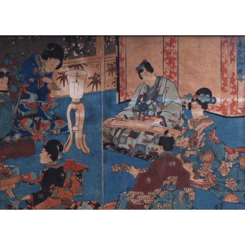 628 - A triptych of Japanese woodblock prints, each depicting figures within an interior, framed and glaze... 