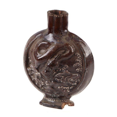 631 - A Chinese brown monochrome glazed moon flask with embossed dragon panels, 12cms diameter.Condition R... 