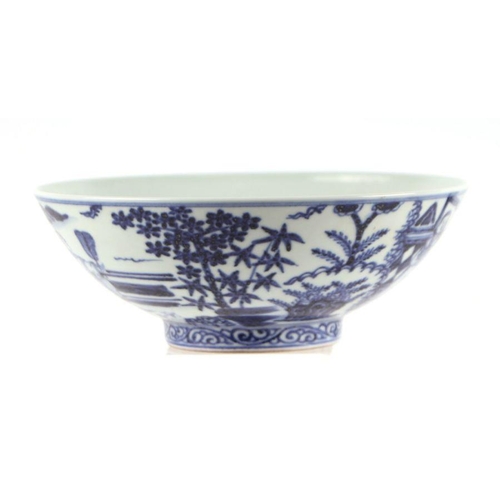 644 - A Chinese blue & white footed bowl decorated with figures in a landscape, four character blue ma... 