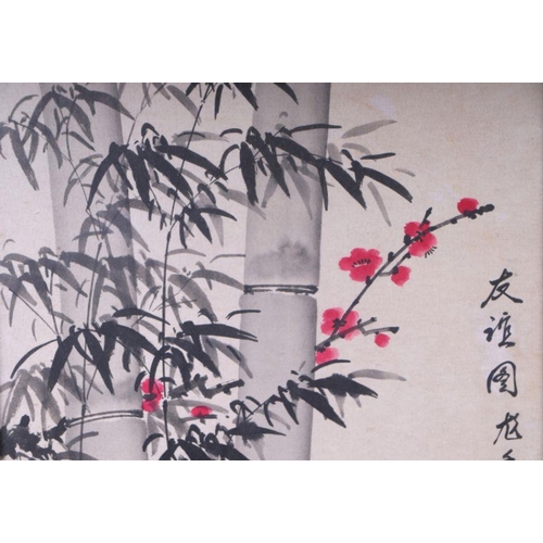 656 - Chinese school - Bamboo, Flowers and Calligraphy - watercolour, framed, 34 by 67cms.