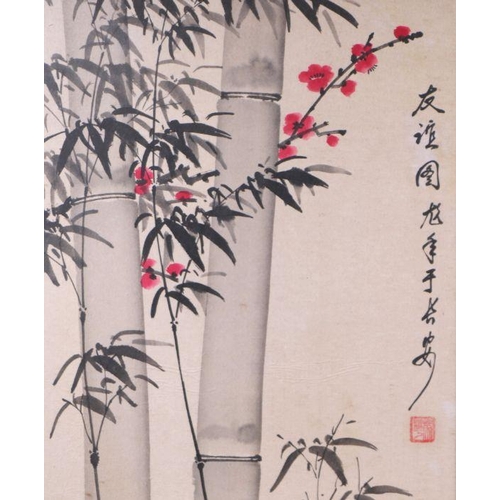 656 - Chinese school - Bamboo, Flowers and Calligraphy - watercolour, framed, 34 by 67cms.