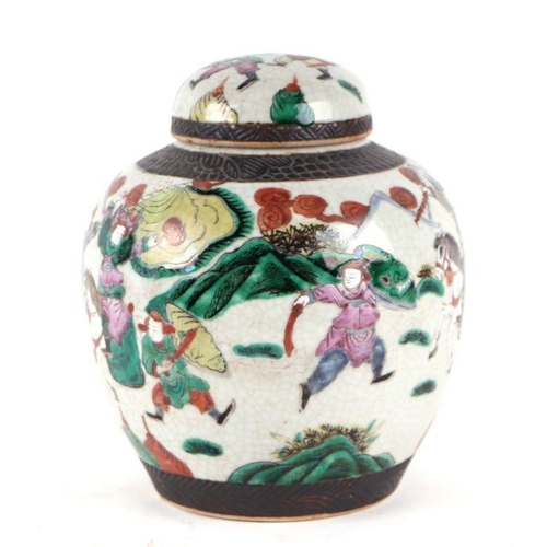 657 - A Chinese famille rose ginger jar decorated with warriors, on a crackle glaze ground, four character... 