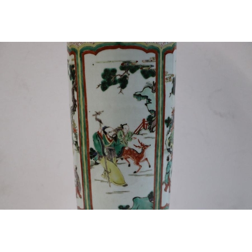 670 - A Chinese famille vert vase of cylindrical tapering form decorated with figures in a landscape withi... 