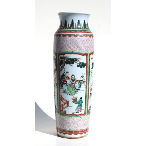 670 - A Chinese famille vert vase of cylindrical tapering form decorated with figures in a landscape withi... 