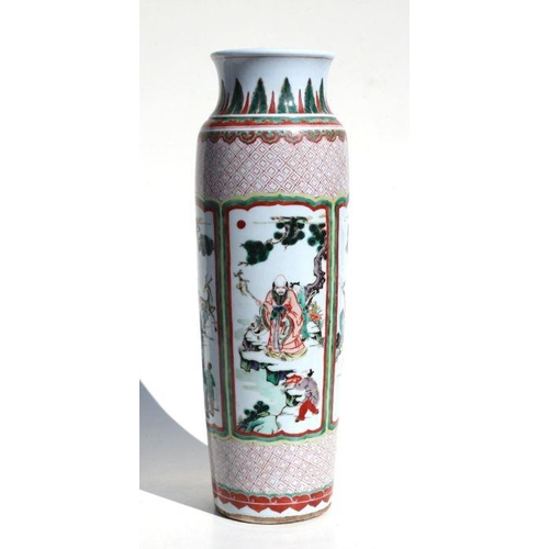 670 - A Chinese famille vert vase of cylindrical tapering form decorated with figures in a landscape withi... 