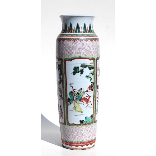 670 - A Chinese famille vert vase of cylindrical tapering form decorated with figures in a landscape withi... 