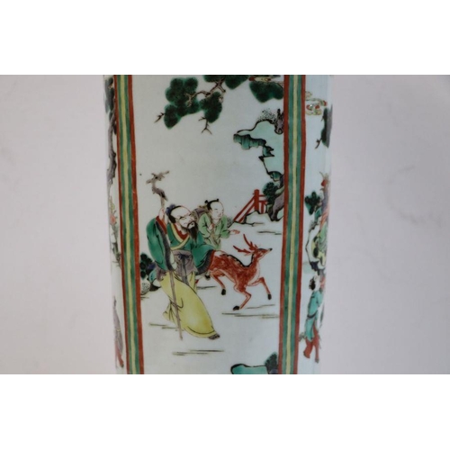 670 - A Chinese famille vert vase of cylindrical tapering form decorated with figures in a landscape withi... 