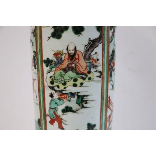 670 - A Chinese famille vert vase of cylindrical tapering form decorated with figures in a landscape withi... 