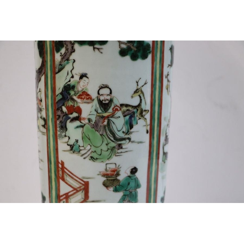 670 - A Chinese famille vert vase of cylindrical tapering form decorated with figures in a landscape withi... 