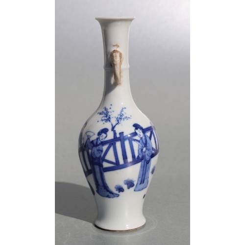 676 - A Chinese blue & white two-handled vase decorated with ladies in a garden with Artemisia leaf to the... 