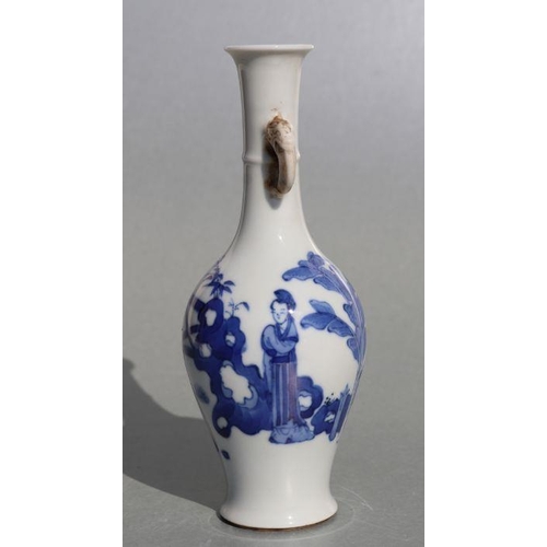 676 - A Chinese blue & white two-handled vase decorated with ladies in a garden with Artemisia leaf to the... 