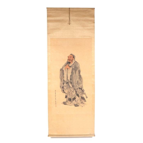 698 - A Chinese scroll painting depicting a robed gentleman and calligraphy, 50 by 96cms.